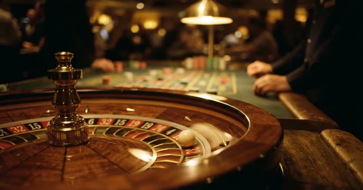 Krupni plan bijele loptice koja se vrti po rubu drvenog kotača ruleta u prigušeno osvijetljenoj dvorani.